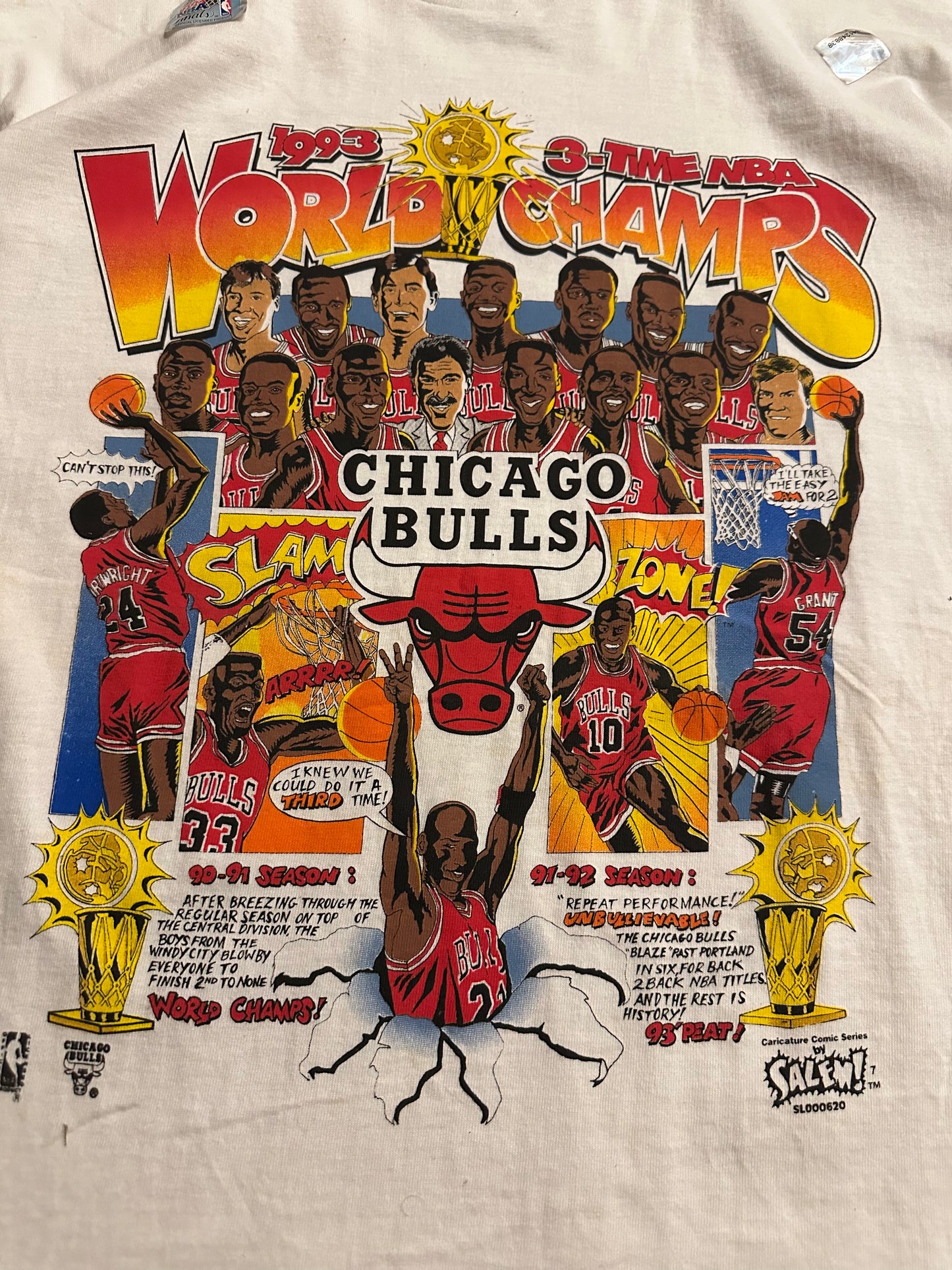 Vintage 1993 Chicago Bulls Comic Strip Championship T Shirt Sz L