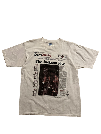 Vintage 1997 Chicago Bulls The Jackson Five NBA Champions News Paper T Shirt Sz L